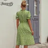 Fransk Romantik Vintage Daisy Print Midi Klänningar Kvinnor Sommar Tunika Stativ Krage Kortärmad Elegant Ol A-Line Dress 210510