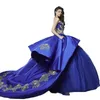 Traditional Golden Embroidery Long Quinceanera Dresses With Pockets Strapless Ball Gown Puffy Tulle Sweet Dress Royal Blue Tulle Satin Vestidos De Aos