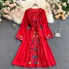 LoveFlowerLife Spring Casual Fashion Korean Retro Court Wind Print Dress Women V Neck Long Sleeve Lace Up A-line Dresses 210521