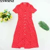 dress Elegant women midi es France Red Grandma Flower Bouquet vestido Vintage waisted wrap-over cut SHE 210520