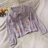 Tunna ihåliga utskurna cardigan kvinnor elegant ulzzang blommig broderi stickad tjej outwear chic all-match lady jumper 210519