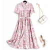 夏デザイナー半袖ピンクの花柄プリントシフォン女性ドレスエレガントな膝丈スウィートローブフェムメオフィスvestidos 210601
