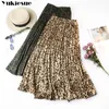 Leopard Print Pleated Skirts Women Spring Summer chiffon Midi Long Korean Elegant High Waist A-line Sun Skirt Female 210608
