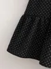 Vintage Siyah Polka Dot Midi Elbise Seksi Kare Yaka Wrap Puf Kol Ön Bölünmüş Robe 210421