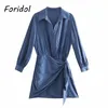 Foridol Bowknot Long Sleeve Satin Dress for Women Spring Autumn Button Up Shirt Silk Dress Casual Blue Ladies Short Blue Dress 210415
