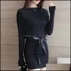 Casual Dresses Womens Clothing Apparel Fashion Autumn Winter Dress Women Knitwear Sashes Belted Mini Bodycon Elegant Knitted Long Sleeve Kni