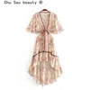 추 사우 뷰티 Boho 꽃 무늬 인쇄 스윙 드레스 휴일 스타일 패션 불규칙 드레스 여성 Vestido de moda 210623
