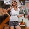 Casual white lace up fashion women tanks summer Ruffle hollow out v-neck short tops Spring flower stitching office shirt 210414