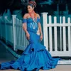 Blue Aso Ebi Style Tassel Beading Satin Mermaid Evening Dresses Off Shoulder Lace Tier Skirt Formal Wear Plus Size Africa Special Ocn Gown 322