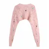 Mulheres elegantes Floral Bordado Bordado Moda Senhoras Escavar Tops Tops Tops Streetwear Feminino Chique Rosa Cardigans 210427