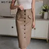 WOTWOY Elengant Hohe Taille Leder Penci Rock Frauen Multi Button Wrapped Röcke Mujer Faldas Solide Taschen Femme Jupes 210621