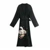 VUWWYV Black Contrast Phoenix Embroidery Dress Women Long Kimono Vintage Wrap Maxi Woman Full Sleeve Belt es 210430