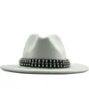 Sombrero de fieltro de lana de ala ancha para hombres y mujeres Panamá con hebilla de cinturón Jazz Trilby Cap Party Formal Top Hat en rosa, blanco