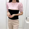 夏のカラーブロック韓国のニットTシャツトップス女性半袖OネックファッションティーカジュアルエレガントなレイズTシャツ210515