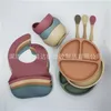 4 pièces/ensemble sans BPA bébé Silicone vaisselle étanche bavoir couleur unie assiette ventouse bol et cuillère pour enfants 857 Y2