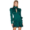 Sexig Ruffle Satin En linje Mini Dress Puff Sleeve Elegant Julfest Klänning Höst Mode Kvinnors Kläder Streetwear Vestidos 210415