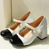 Mode Kvinnor Skor Square Toe Mary Janes Heel Black White Dress Pearl Buckle Pumps High Heels P46