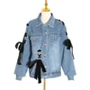 Jesień Damska Streetwear Kowbojska Kurtka Moda Lace Up Cross Tie Łuk Wash Water Loose Denim Coat ZT1498 210427