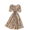 Élégant tempérament rétro floral robe midi fête femme été manches bouffantes carré cou cravate mince mi-longueur vacances 210420