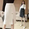 Nosić kobiety spódnice Vintage Side Split Koreański Ol Styl Wysoki Talii Przycisk Midi Długość A-Line Kobieta 210428