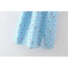 Летний синий квадратный воротник винтажный цветочный принт сплит слоеная рукава мини-платья женщины Vestido de Mujer 210508