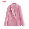 Tangada mulheres rosa xadrez tweed blazer casaco vintage bolso dobro bolso moda feminina casual chique tops 4m194 210609