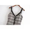 Vintage Twill Tweed Dress Women Slim Mini Dresses Front Single Breasted Casual Camisoles 210421