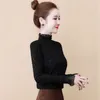 Thin Style Spring Autumn Lace Blouses Shirt Casual Long Sleeve Turtleneck Navy Black Wine red Blusas Tops DF3130 210609