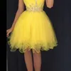 Sparkly Rhinestones Beaded Homecoming Party Dresses Sheer Neck Yellow Tulles Knee Length Cocktail Graduation Gowns Formal Prom Girls Nightclub Wear AL9396