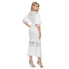 Women Dress Puff Sleeve Lace Patchwork Bandage Sexy Dresses Hollow Out Vintage White Plus Size Fashion 210524