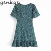 Vintage Green Floral Print Dress Kvinnor O Neck Kortärmad A-Line Holiday Sommar Chiffon Ruffle Vestido 210514