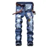 Jean bleu déchiré pour hommes, pantalon en denim élastique, amincissant, tendance, imprimés patchs, jeans décontractés, pantalons longs pour tous les jours. X0621