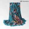 Hats, Scarves & Gloves Sets Autumn And Winter Satin Feather Fan Pattern Ladies Scarf 2021 Printed Warm Oil Painting