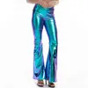 Pantalon métallique en cuir PU sexy brillant holographique évasé femmes filles moulante taille élastique cloche bas pantalon clubwear 211115