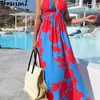 Jurken vrouwen v-nek sexy sling print vloer lengte casual vakantie strand stijl hoge taille slanke a-lijn lange sukienki 210513