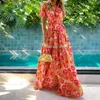 Summer DrWomen New Fashion Sexy V-neck Beach Maxi DrCasual Loose Lace Up Short Sleeve Print Boho Dresses Robe Femme X0621