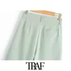 Traf Women Chic Fashion Office Wear Straight Pants Vintage High midjesidfickor Kvinnliga korta pantaloner Mujer 210607