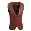 Pu leather Men Suit Vests Slim Casual Business Mens Waistcoat Gentlemen Groomman Wedding Mens Gilet Oversized Retro Vintage Vest 210524