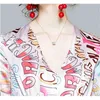 ピンクの滑走路プリントロングマキシドレスベルトの女性の袖の袖のプリーツのドレスエレガントなファッションレディースvestido femme 210518