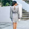 Women Sequined Gitter Long Lantern Sleeve Club Mini Dress Autumn Gold Silver Sashes O-Neck Shiny Dress Party Vestidos 210416