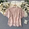 Dames Roze Kant Blouse Mode Zomer Franse Stijl Holle O-hals Korte Korte Sweet Meisjes Koreaans Shirt met Camis 210603