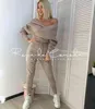 Sexy Sweater Set Tracksuit 2 Pieces Women Solid Color Off Shoulder Batwing Sleeve Suit V Neck Pencil Trouser Fall 211105