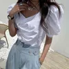 Fashion Chic Pleated Puff Short Sleeve Shirt Female Square Collar Loose White Blouses Korean Vintage Summer Tops Lady 14281 210512