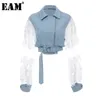 [Eam] Loose Fit Lace Split Joint Blue Denim Jacket Lapel Långärmad Kvinnor Coat Fashion Spring Höst 1d638 210512