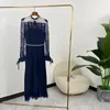 Vestidos casuales 2021 otoño azul marino encaje arco ahueca hacia fuera las mujeres gasa elegante a-line tobillo-longitud con fajas