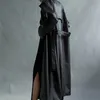 Lautaro Jesień Longvize Black Faux Leather Trench Coat For Women Sleeve Pas Double Breasted Loose Fashion 211119