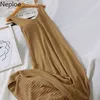 Katı Uzun Alt Örme Elbise Kadın Gevşek Çukur Şerit V Boyun Camis A Hattı Vestido Kolsuz Sonbahar Kış Kazak Ropa 210422