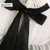 Zevity Womenエレガントな弓ティーシフォンパッチワークの編み物ラフルズシャツオフィスレディカジュアルvestidosシックミニドレスDS4528 210419
