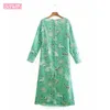 Tempérament femmes un mot col à manches longues impression robe verte Vintage Animal imprimé mi-long Chic femme robe Mujer 210507