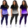 Plus Size S-2XL Womens Casual Tracksuits Gardient Dois Pedaços Conjuntos Esportes Running Terno Verão Roupas Shoer Manga T Camisas + Leggings Carta Imprimir Outfits 4725